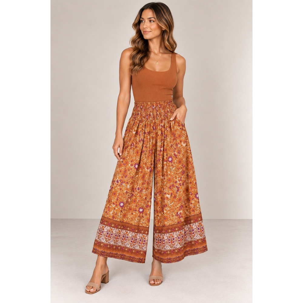 Natural Life Palazzo Pants Large Mustard Yellow Floral Smocked Wide Leg Boho - Picture 8 of 9
